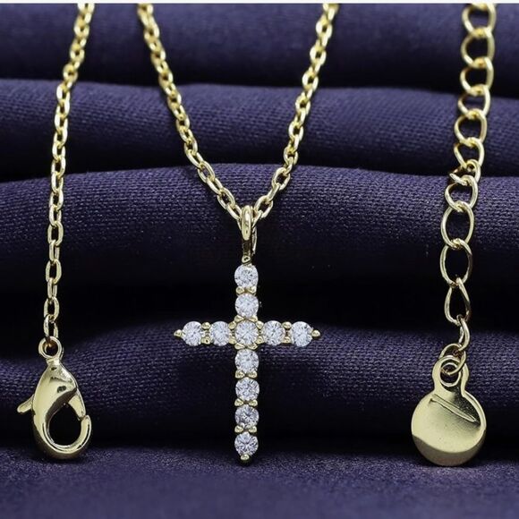Moissanite Gold Cross Pendant Necklace 18K Gold Over 925 Sterling Silver Dainty